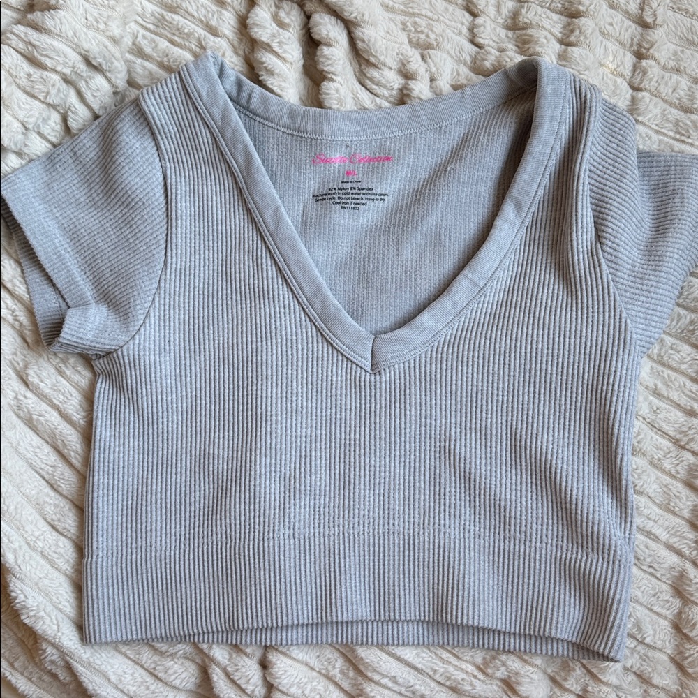 Gray Ribbed V-Neck Crop Top